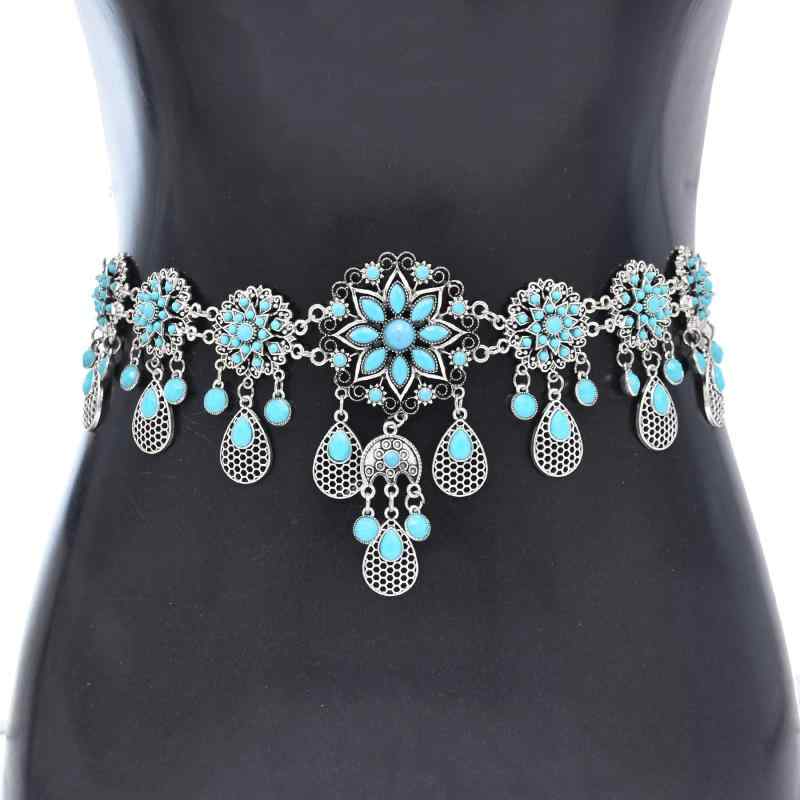 ボヘミアン エキゾチック ロング ウエスト チェーン 合金 ウォータードロップ ターコイズ タッセル タン カラー ボディ チェーン ベリーダンス アクセサリー