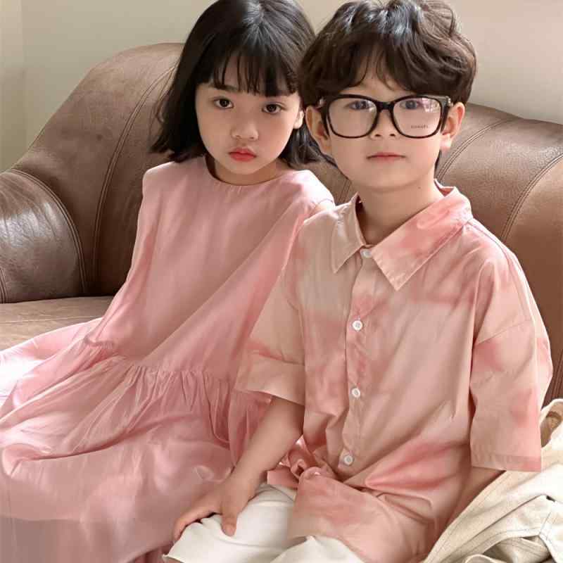 リンクコーデ 兄妹 子供服 ワンピース シャツ パンツ 韓国 夏 薄手 綿 コットン 男の子 女の子 子供 キッズ 夏 トップス ボトムス ズボン