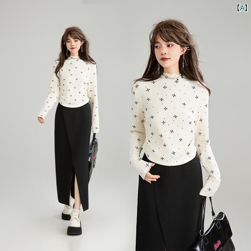 小花柄 長袖トップス 秋冬 ハーフネック レディース ストレッチ性 シワ防止 スリム ニット Tシャツ きれいめ おしゃれ かわいい 女子力アップ 韓国 モテ服 レイヤード 仕事 快適