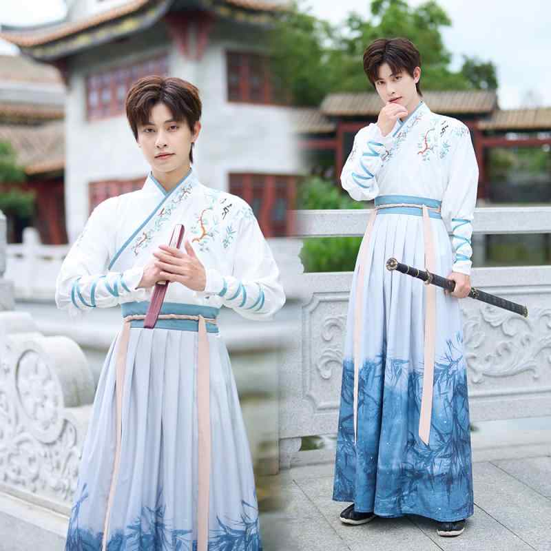 剣士 コスプレ 舞台衣装 伝統 大きめサイズ 紳士服 メンズ レトロ 衣装 春服 学術 エレガント メンズ 漢服 魏晋 クロスカラー 長袖シャツ スカート セット クラス 制服
