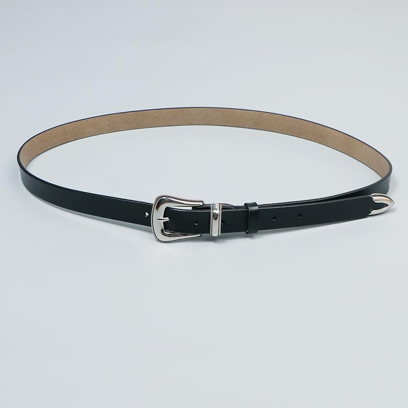 ベルト レディース 女性用 本革 牛革 高級感 高見え シンプル 万能 着回し オフィス 通勤 デニム ジーンズ 細ベルト 黒 ブラック 合金 ピンバックル カジュアル