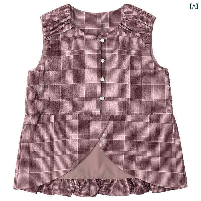 トップス シャツ 子供服 おしゃれ ナチュラル 普段着 キッズ チェック柄 ラウンドネック カジュアル 女の子 底 ノースリーブ ベスト ガールズ サマー