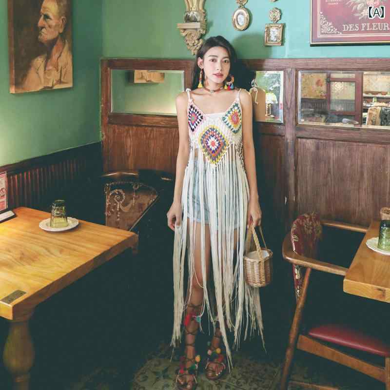 レディース エスニック ボヘミアン キャミソール トップス おしゃれ 夏 レトロ エスニック ボヘミアン 海辺 休暇 かぎ針編み レースアップ タッセル ロング