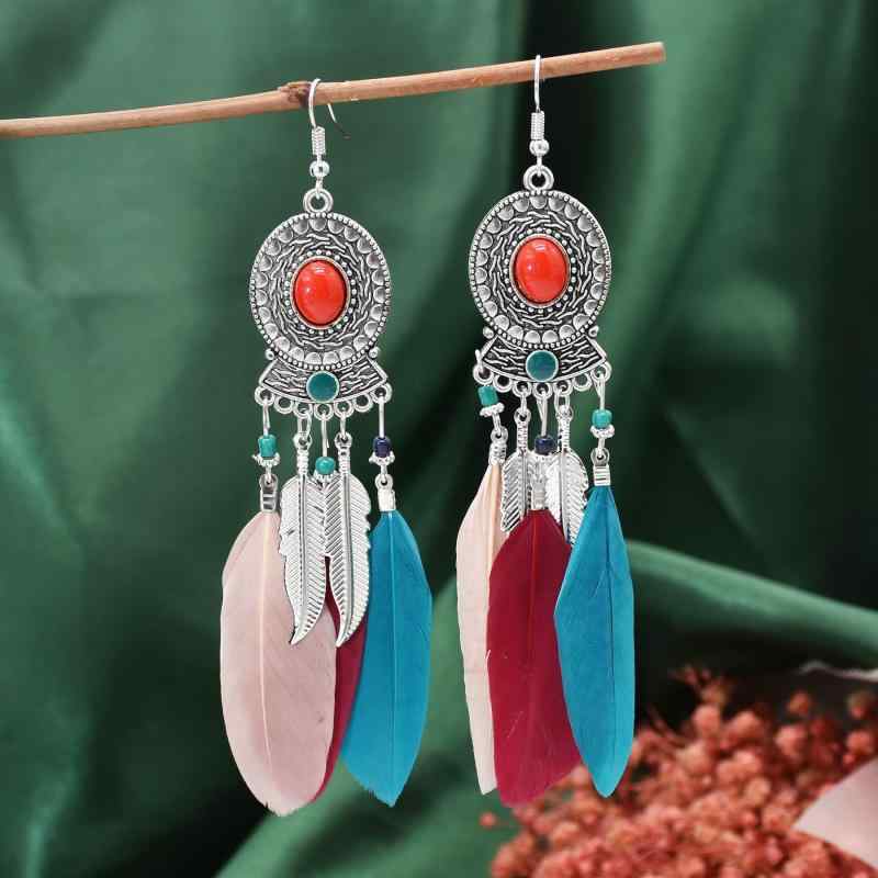 ピアス ボヘミアン レトロ 合金 フェザー イヤリング マルチ カラー ン 旅行 写真 レディース エキゾチ..