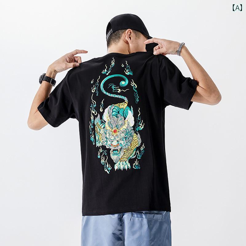 Tシャツ メンズ レディース兼 半袖 シャツ 綿 チャイナ風 刺繍 夏 カジュアル トップス ラウンドネック レジャー ゆったり