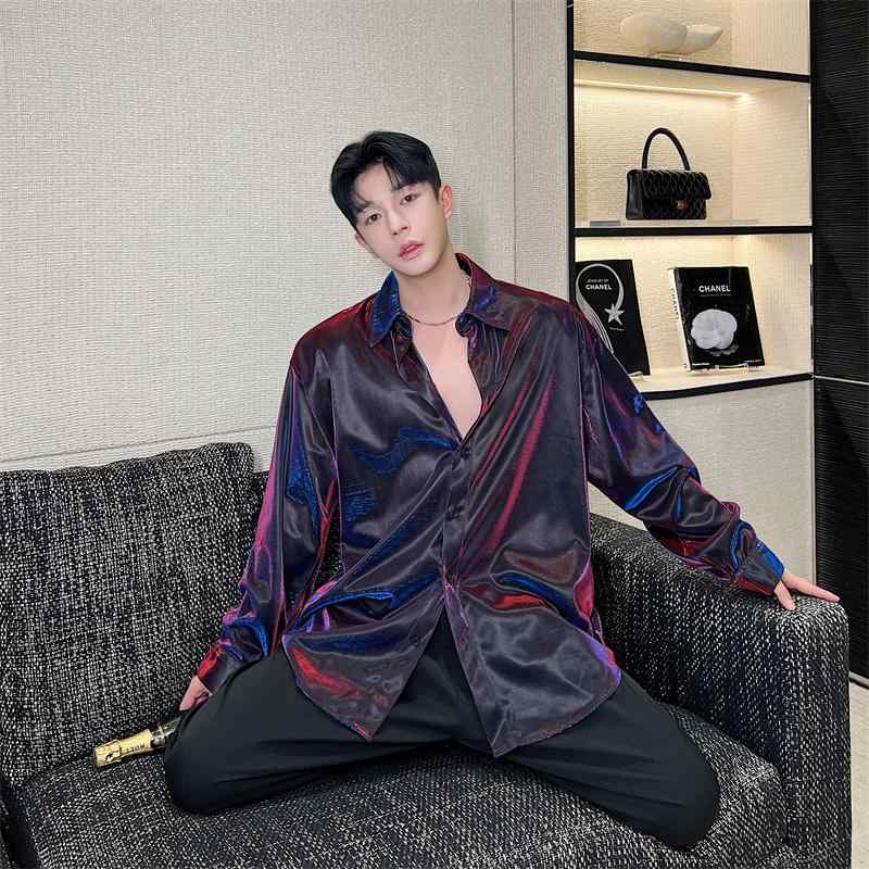 シャツ メンズ カジュアル 長袖 トップス おしゃれ 未来的 液体 カラフル 偏光 ハイエンド ファッショ..