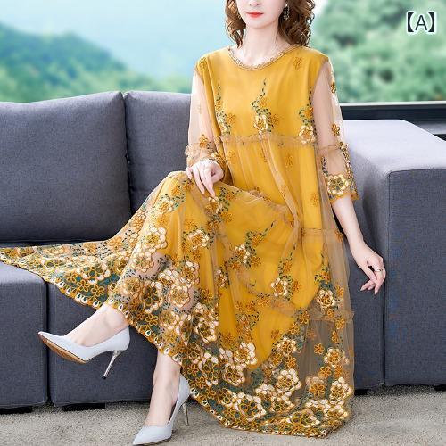 レディース ワンピース きれいめ 上品 ミセス 婦人服 レース ドレス 女性 春秋 ハイエンド ゆったり 大きいサイズ 体型カバー スリム メッシュ スカート