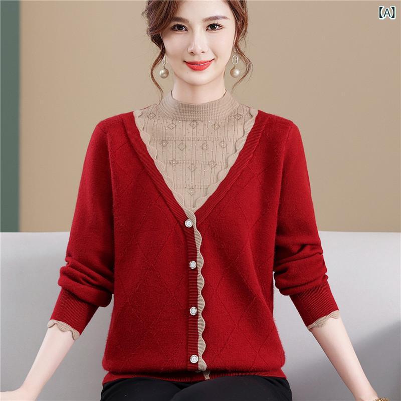 セーター カジュアル 上品 レディース ファッション マザーズ 普段使い トップス アウター ウェア 婦人服 秋冬 起毛 厚手 インナー ニット パンツセット 婦人服