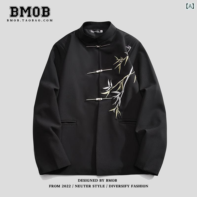 メンズ チャイニーズ スタイル 中華風 竹 刺繍 スタンドカラー チュニック スーツ ジャケット メタル ボタン トップス