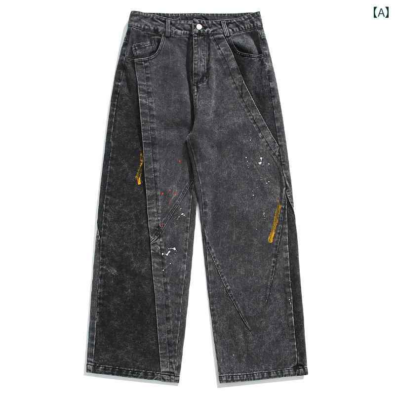 メンズ デニム ロングパンツ ストレート ワイド ゆったり カジュアル ストリート おしゃれ 着やい 動きやい 快適 イベント レジャー アウトドア キャンプ ダンス
