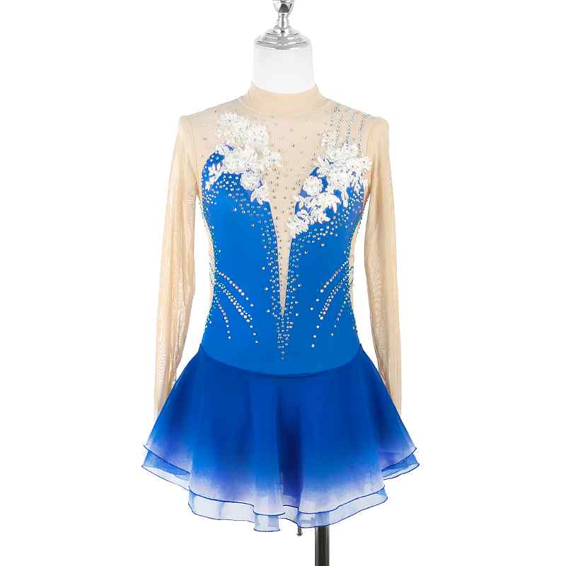 ドレス スカート フィギュアスケート 衣装 アイスダンス スケート パフォーマンス コスチューム ガールズ スケート 服 子供用 大人 競技 ステージ 演技用 サファイア ブルーグラデーション