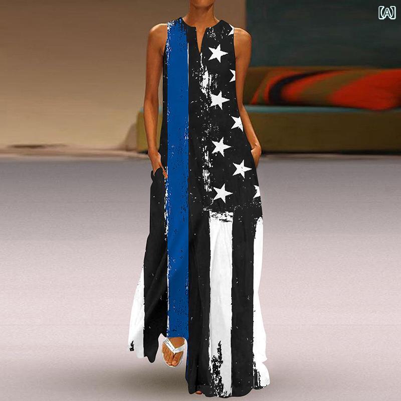 スカート レディース ワンピース 夏 婦人服 アメリカ 3D プリント Vネック ロング ポケット 大きい 裾 ..