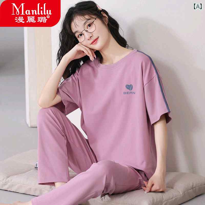 パジャマ 女の子 夏 綿 半袖 ズボン カジュアル スポーツ ホーム 服 薄手 スーツ ラウンドネック プルオーバー 部屋着 リラックス セットアップ 上下セット ゆったり