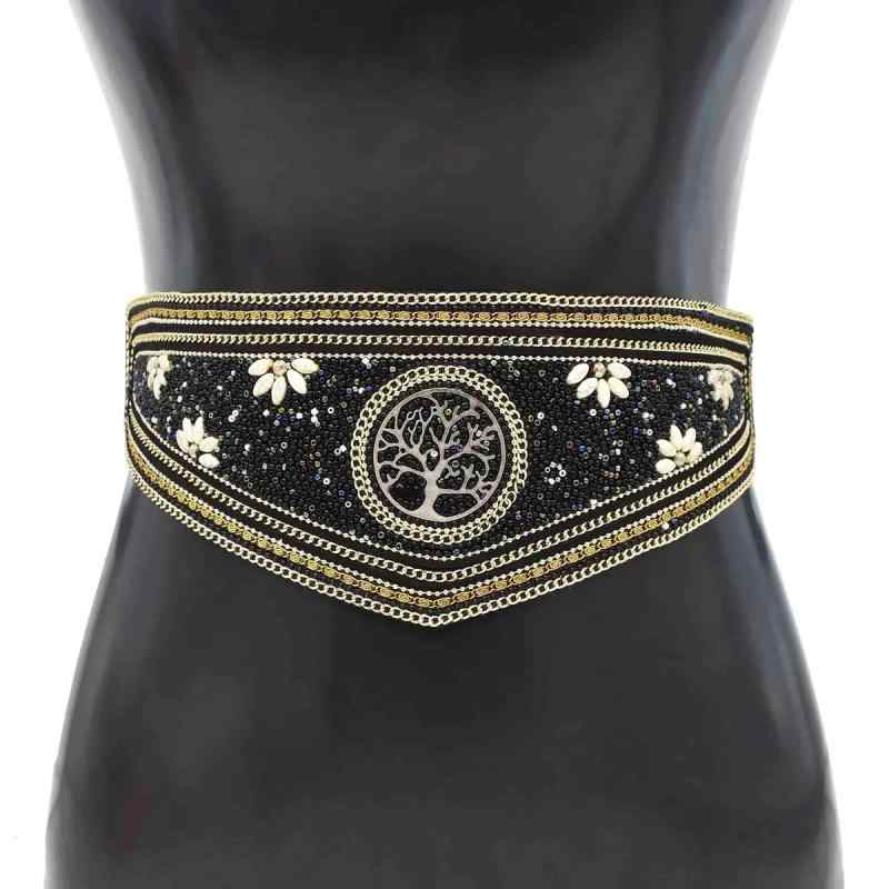 黒 ウエスト バンド エスニック ベルト ライス ビーズ モンゴル 個性 チェーン ワイド ベルト ロング スカート アクセサリー