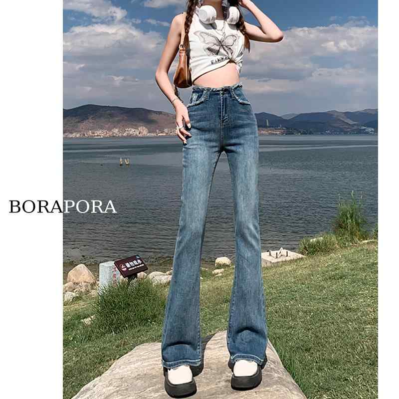 Capri Pants - パンツ デニム レディース 女性用 ベルボトムジーンズ 春秋 ハイウエスト スリムフィット ドレープ フロア レングス 女性用 ジーンズ
