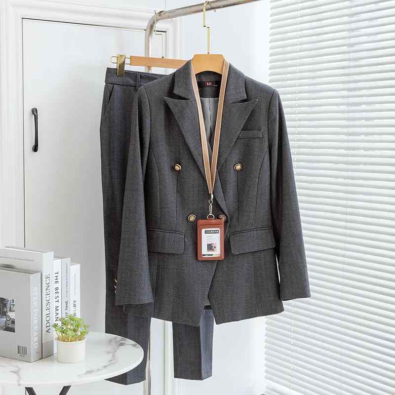 レディース スーツ スタイリッシュ カジュアル ストライプ スーツ 春秋 フォーマル 面接 ジャケット マネージャー 作業着 ズボン パンツ シャツ スーツ襟 ダブルブレスト 長袖 スリム