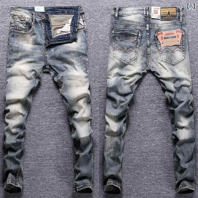 Skinney Pants - ジーンズ メンズ デニム おしゃれ Gパン カジュアル 春夏 レトロ ジーンズ ダメージ ストレッチ スリム ストレート ロング パンツ