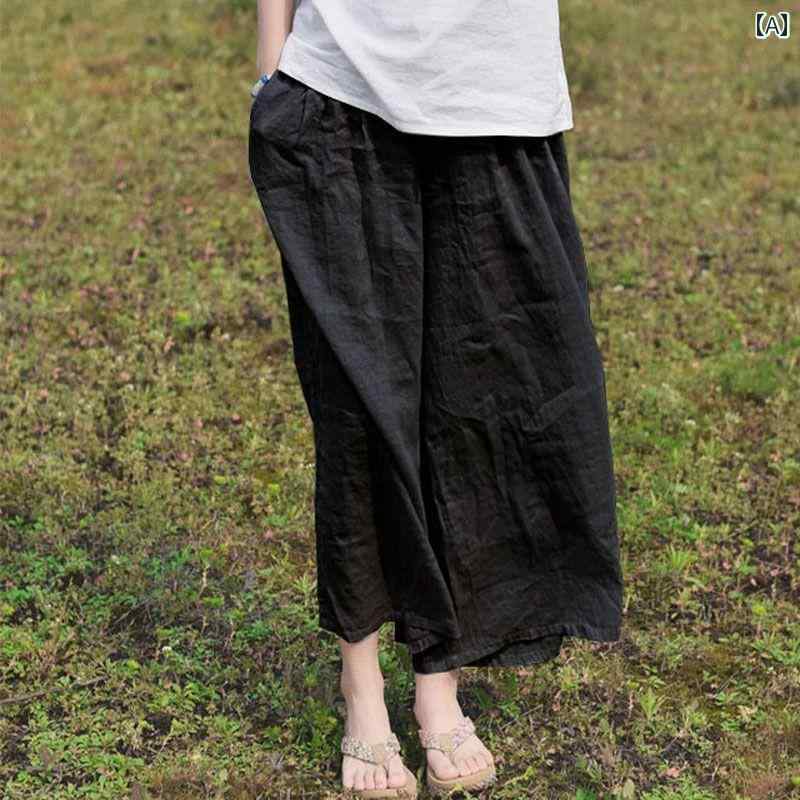 Linen, Hemp - レディース カジュアル 夏 パンツ ボトムス ゆったり 快適 普段使い ママ ズボン 泣く ハイエンド 無地 リネン 女性 薄手 大きいサイズ 綿 九分丈