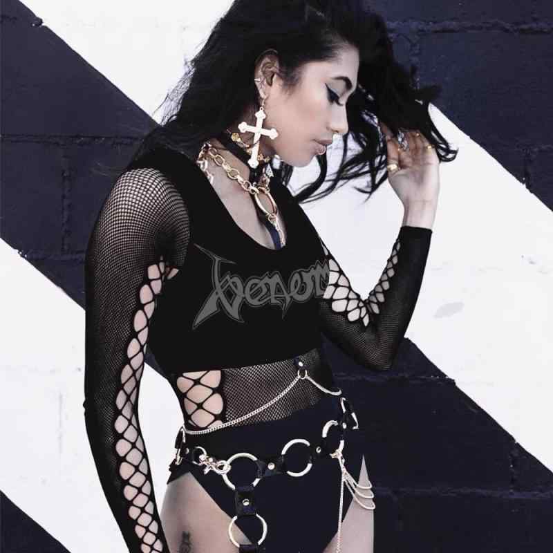 ワンピース レディース 長袖 y 2 k パンク ホット ガール ロック 穴 インナー トップス メッシュ
