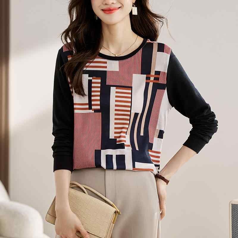シャツ トップス レディース ファッション マザーズ 婦人服 普段使い 秋用 ハイエンド サテン プリントプルオーバー ニット レイヤリング エレガント スリム