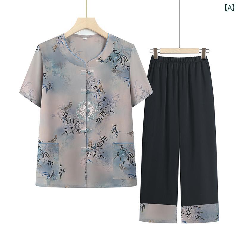 夏 半袖 スーツ シャツ おばあちゃん シニア ファッション レディース ラウンドネック 薄手 ゆったりタイプ 大きめサイズ 上下セット 2点セット 涼感