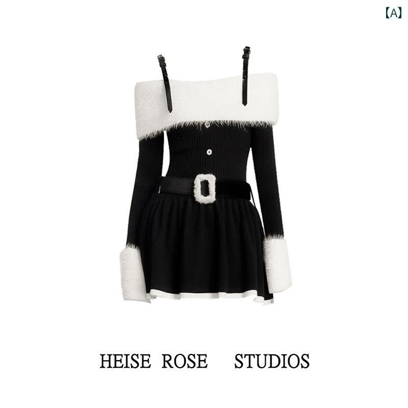 レディース ワンピース 大人かわいい サスペンダー スカート 春秋 婦人服 スタイリッシュ ガール ワンショルダー 長袖 ニット ドレス