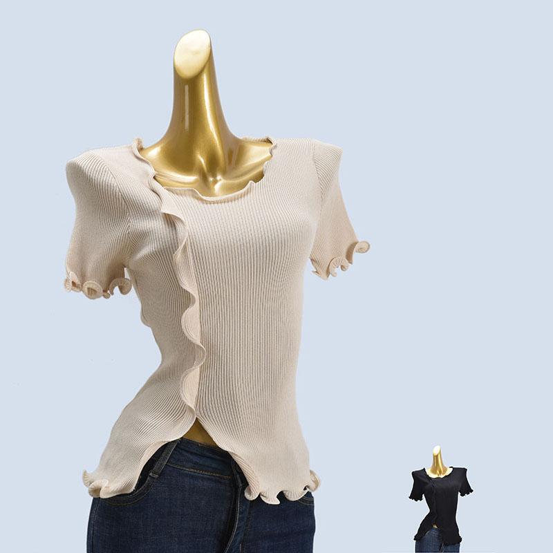 トップス レディース ファッション キノコ エッジ ソリッドカラー ピット 半袖 高弾性 プルオーバー 冷感 薄手 婦人服 スリット