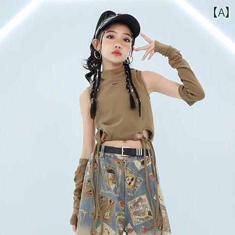 子供服 女の子 Tシャツ タンクトップ へそ出し パンツ コスチューム バンド ダンス ヒップホップ ストリート系 パフォーマンス 衣装 クール かっこいい - 2