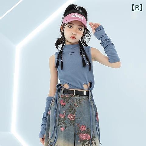 子供服 女の子 Tシャツ タンクトップ へそ出し パンツ コスチューム バンド ダンス ヒップホップ ストリート系 パフォーマンス 衣装 クール かっこいい - 3