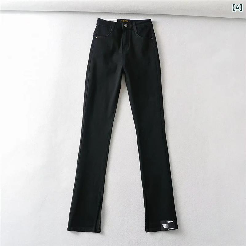 Straight Jeans - パンツ デニム レディース 黒 ハイウエスト ジーンズ ストレート レッグ タイト スリム サイドスリット フロア レングス フレアパンツ