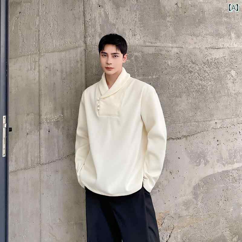 メンズ カジュアル 秋 中国 ボタン ダウン 厚手 ウール スウェットシャツ レトロ プルオーバー トップス