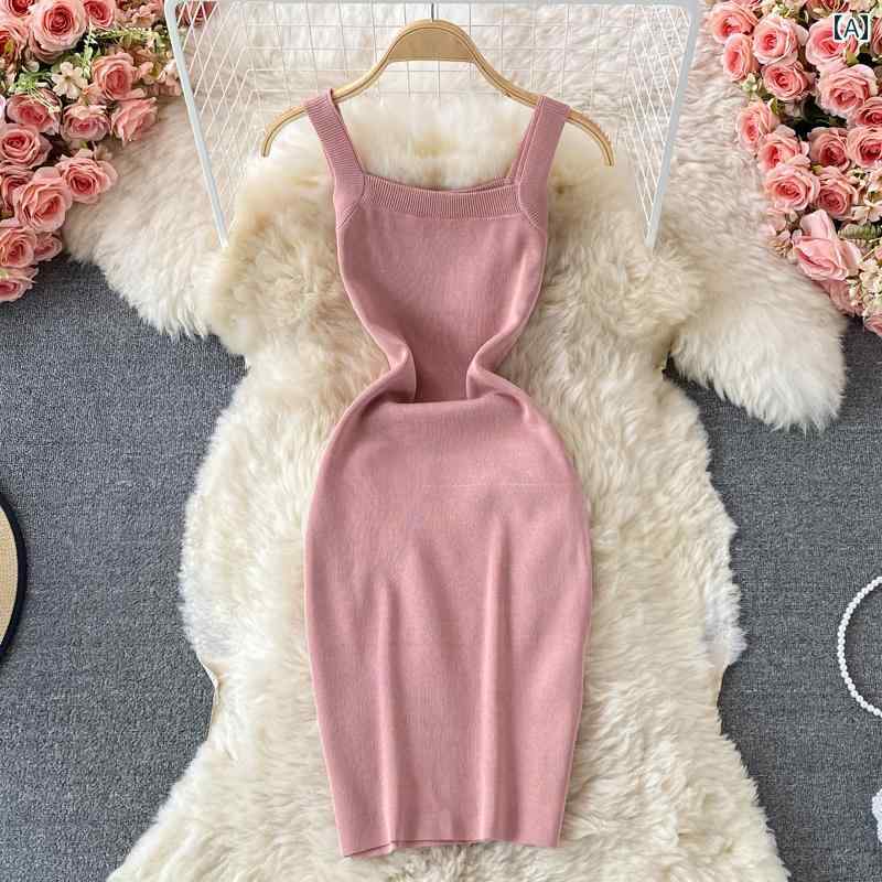 Sleeveless - レディース 夏 ワンピース ニット ベスト ドレス 弾性 スリム ウエスト スカート 魅惑的 ヒップ カバー a ライン