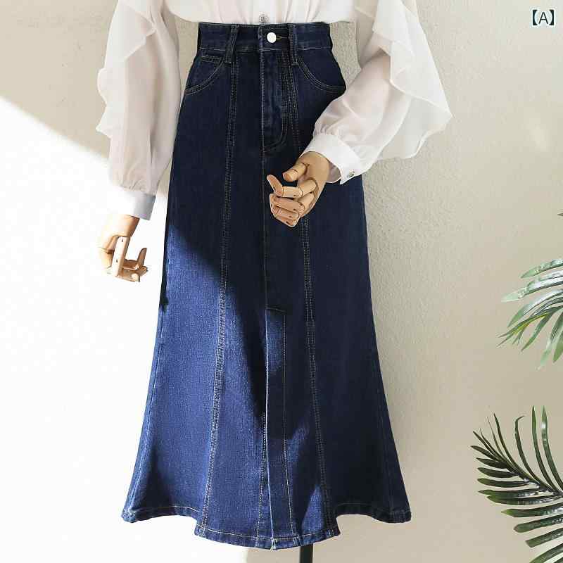 スカート デニムスカート レディース 春 女性 ブルー フィッシュ テール 女性 ハイウエスト スリム ミドル丈 ヒップ カバー ミドル丈