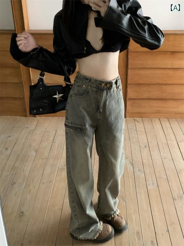 Cropped Pants - レディース パンツ デニム ワイド ゆったり 秋冬 アメリカン ワークウェア ジーンズ ハイウエ ストロー エッジ ストレート フロア レングス レッグ ロング
