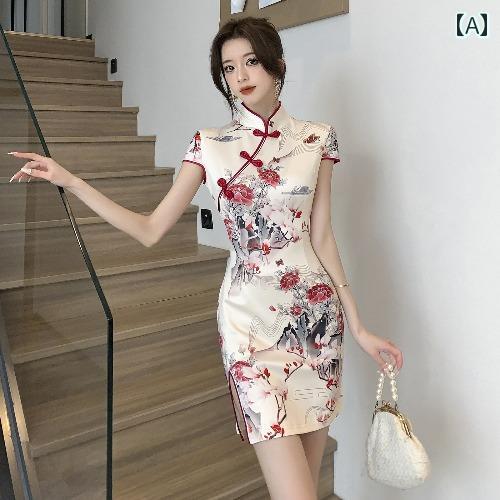 レディース 夏 イブニングドレス カクテル パーティー ワンピース キャバ ナイトクラブ レトロ プリント 民族風 若々しい スリムフィット チャイナ ドレス 小さい エレガント