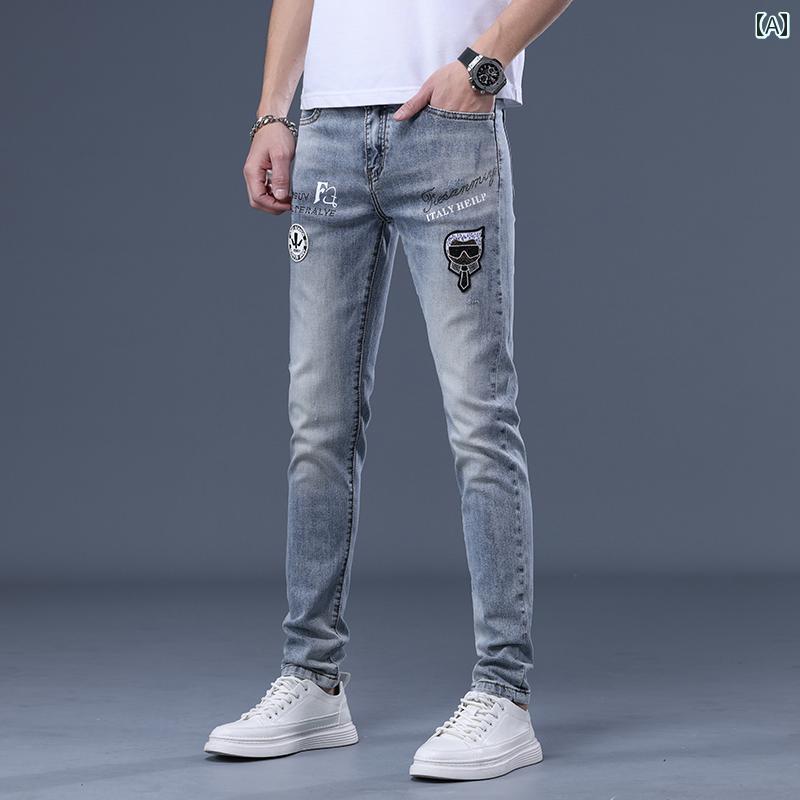 デニムパンツ プリント メンズ ジーンズ スリム フィット ロング パンツ ストレッチ カジュアル スリミング デニム オールシーズン ストレートレッグ