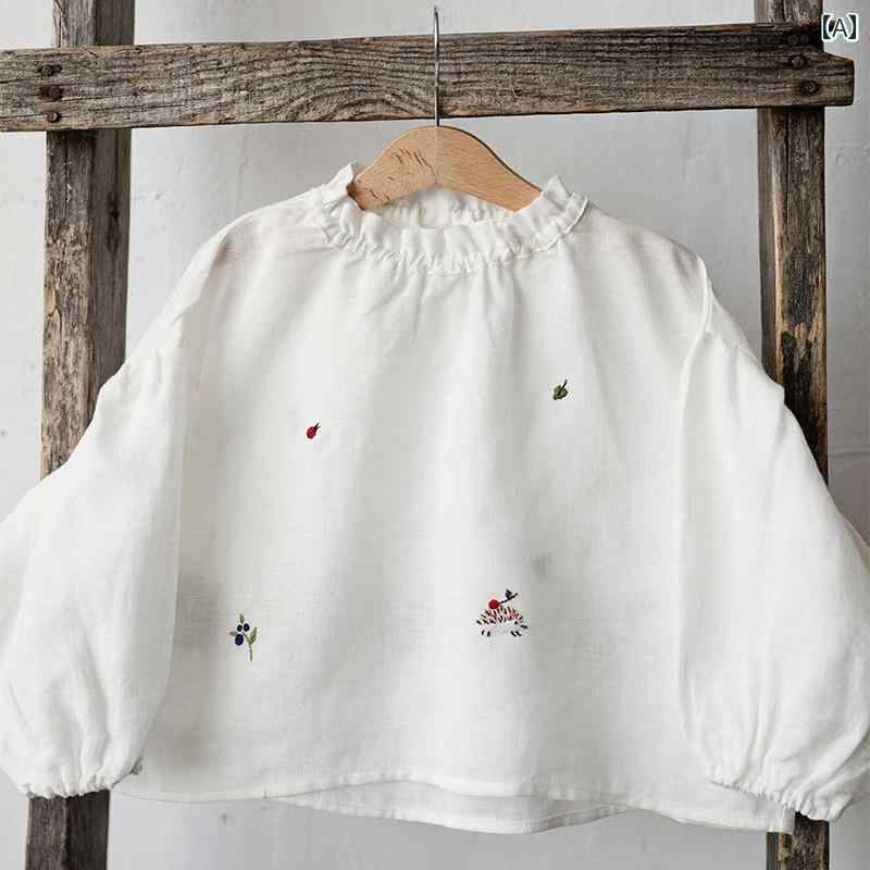 子供服 かわいい 女の子 綿 リネン パフスリーブ 刺繍 シャツ 秋 アメリカ ベビー ランタン スリーブ T トップス