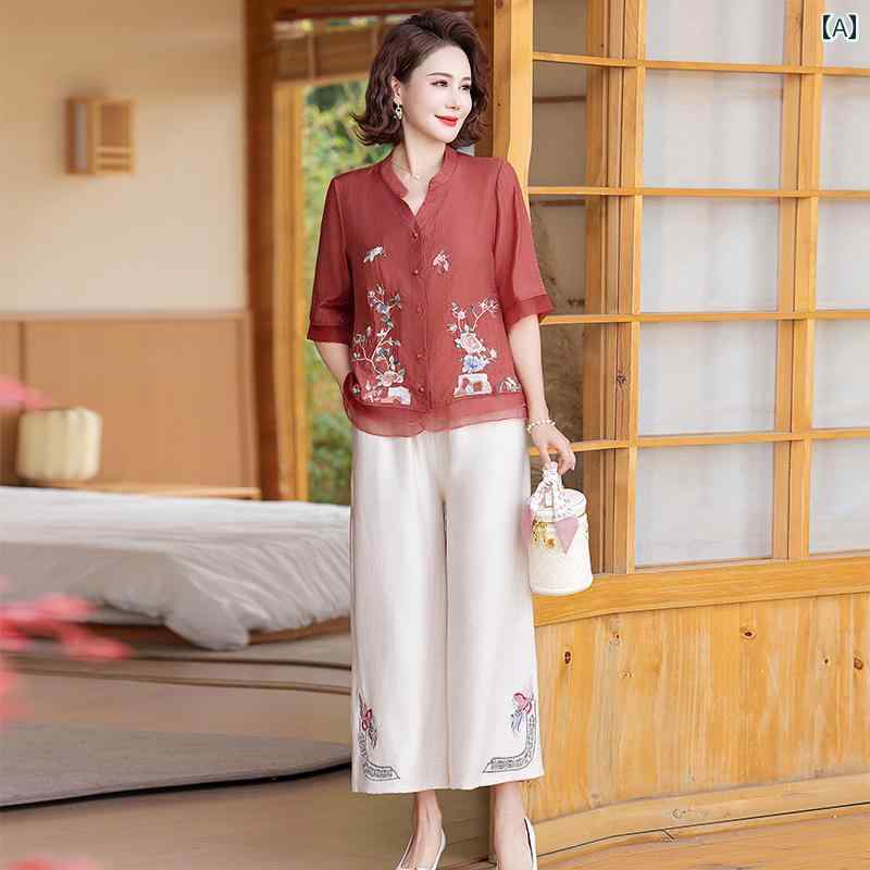 ママ 夏 薄手 シフォン 2点セット レディース ファッション 半袖 チャイナ風 シャツ スーツ ゆったり カーディガン 七分袖