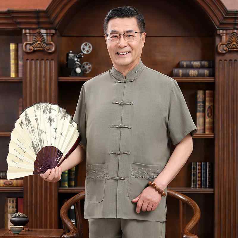 メンズ 夏 カンフー着 太極拳 お父さん 用 半袖 唐服 綿麻 ツーピース スーツ 60歳 70歳 おじいちゃん レトロ スーツ 高齢者 漢服