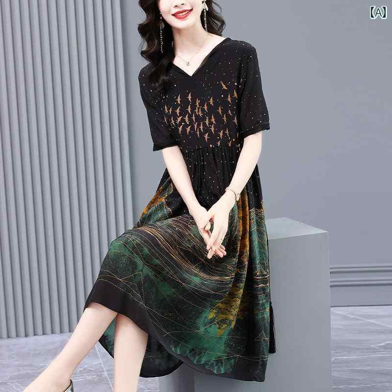 レディース ワンピース 夏 ドレス ミモレ丈スカート 五分袖 Vネック チャイナ風レトロプリント ゆったり フェミニン 上品 おしゃれ シック 訪問着 観光 リゾート バカンス