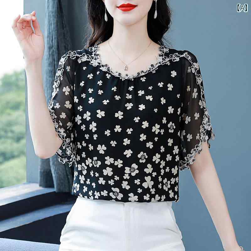 レディース トップス シャツ ブラウス Tシャツ 花柄 半袖 夏 上品 おしゃれ ママ スタイリッシュ お呼ばれ オフィス 学校行事 快適コーデ