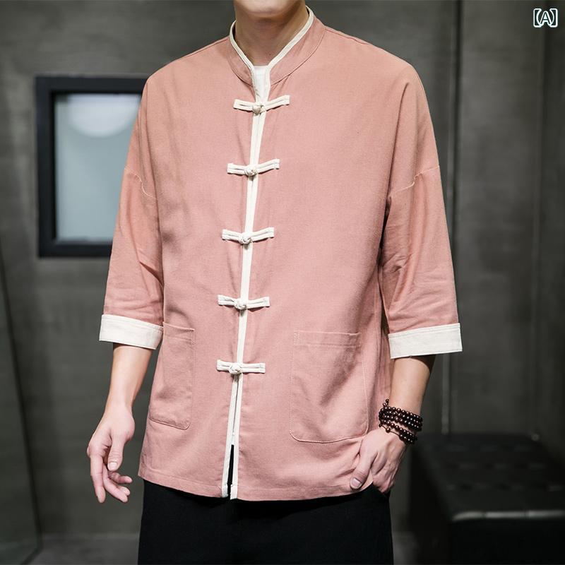 メンズ 夏 中国 レトロ 唐装 七分袖 シャツ 中華風 半袖 漢服 トップス 綿 リネン チュニック ジャケット