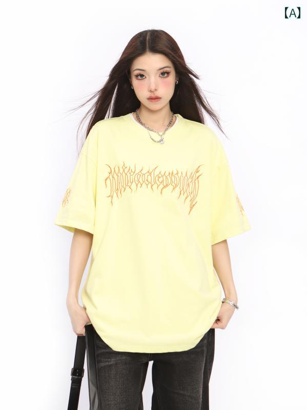 Tシャツ トップス レディース スポーティー ストリート 半袖 夏 ラウンドネック オーバーサイズ クール アウトドア カジュアル ファッション コーディネート ブラック イエロー ホワイト