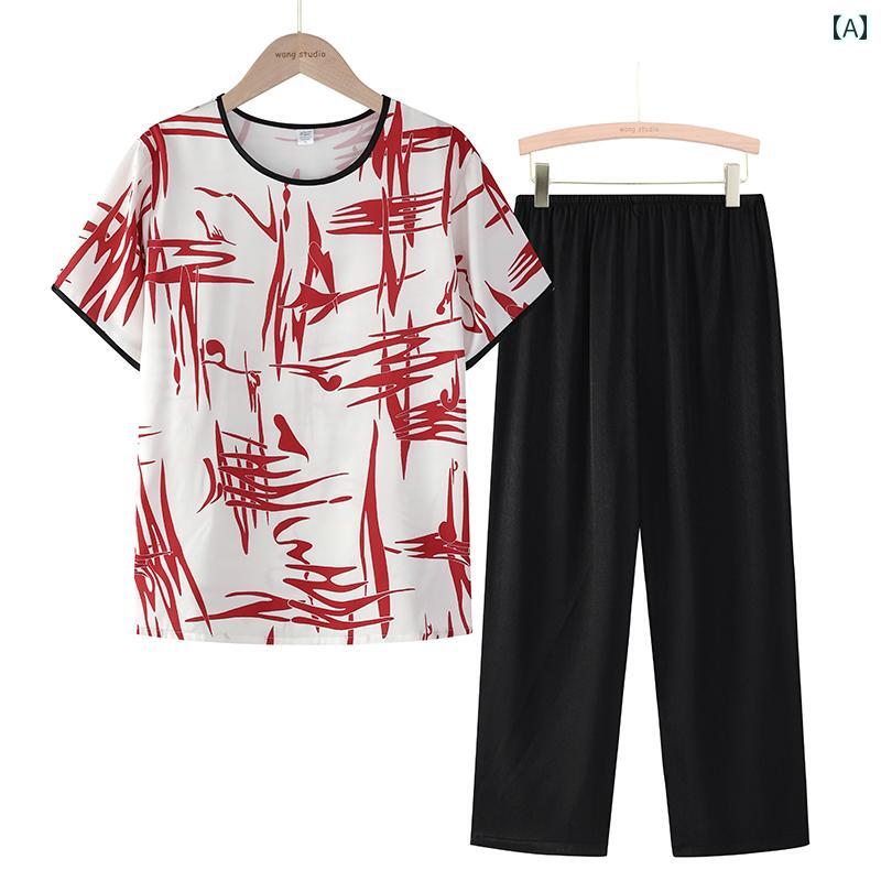 婦人服 高齢 母 春秋 綿麻 上下 二点 セット 半袖 おばあちゃん 服 ルームウェア ゆったり ラクちん パジャマ Tシャツ 部屋着 ズボン トップス パンツ ウエストゴム 大きめサイズ 柄