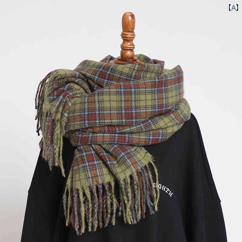 マフラー フェイク チェック ショール レトロ グリーン タッセル 大きめ スカーフ 学生 女の子 秋冬 暖かい 韓国