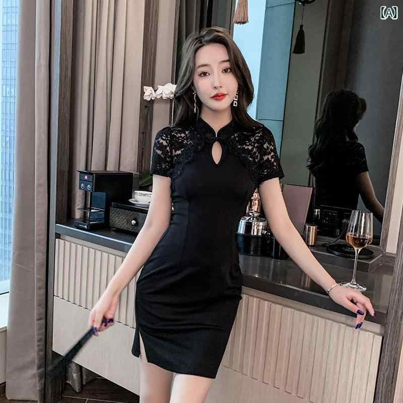 チャイナドレス ミニ セクシー ワンピース レトロ チャイナ風 レディース スカート 魅惑 ドレス ショートスカート タイト エレガント 透け感 半袖 春 レース パーティー キャバ