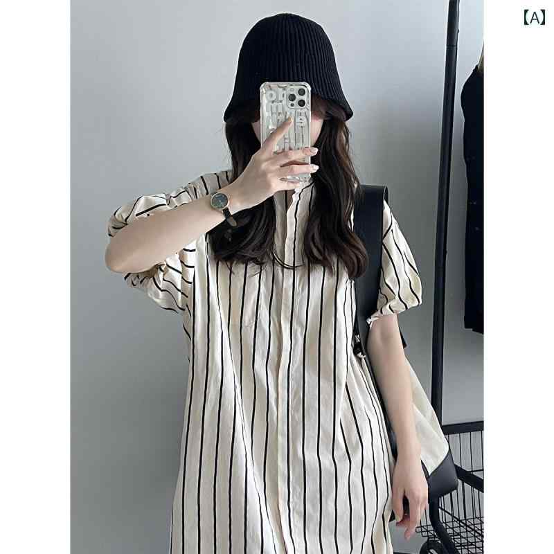 夏 ワンピース 大人 かわいい 韓国 ランタン スリーブ 縦 ストライプシャツ ドレス 女性 スタンドカラー シングルブレスト ミドル丈 スカート
