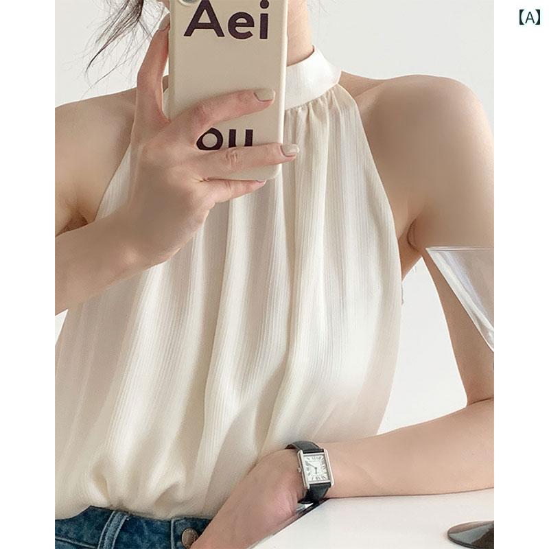 フレンチ シフォン ホルターネック ゆったり レディース ノースリーブ ブラウス フェミニン 肩出し シンプル クール 夏 ファッション レディース