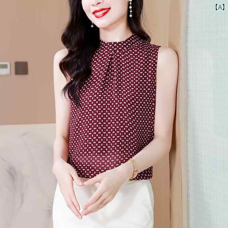 Rakuten - レディース 夏 ノースリーブ シャツ サマー ファッション 上品 マザーズ 婦人服 普段使い ベスト おしゃれ 小さめ シフォンシャツ 大きいサイズ 快適 着痩せ プリント トップス