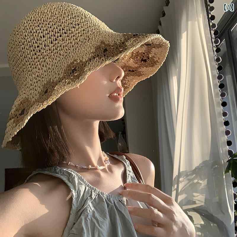 夏 海 レディース 手織り 麦わら 帽子 つば広 UV カット 日焼け防止 フィッシャーマン ハット